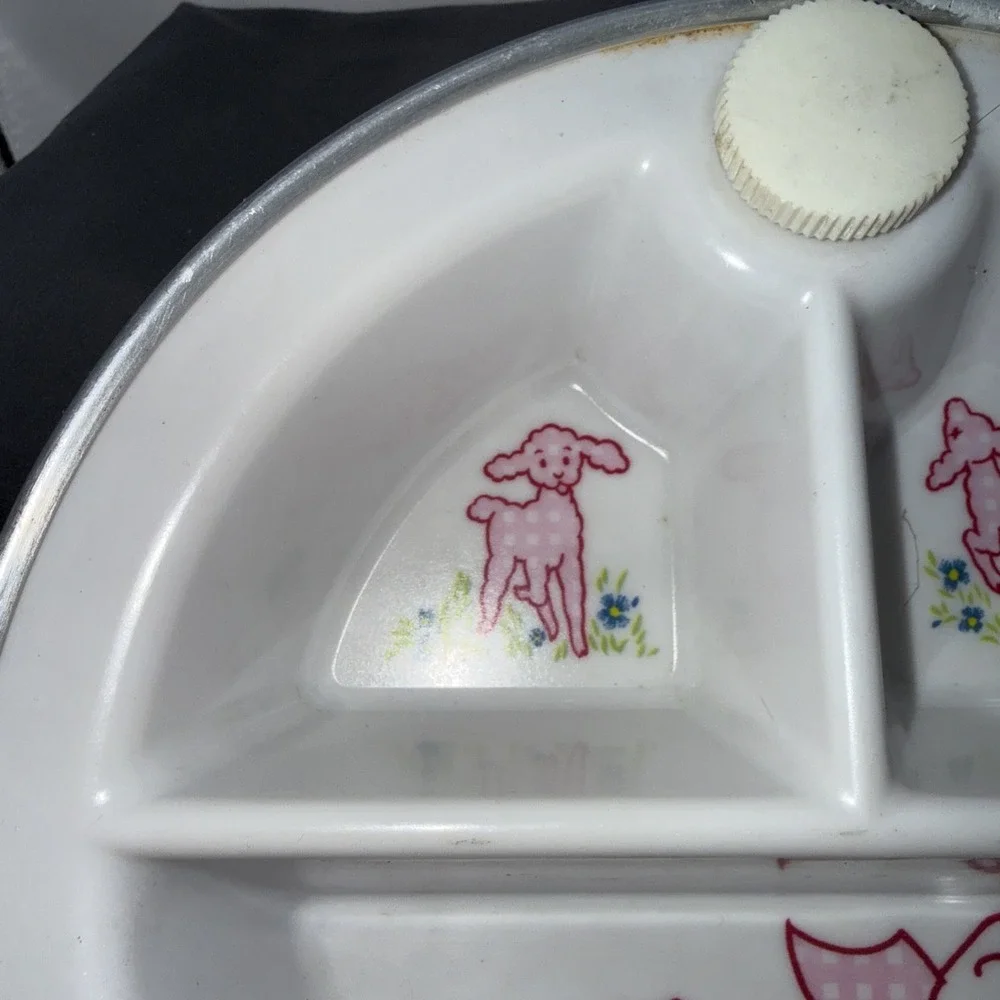 Vintage Pink Divided Dish Baby Warmer Warming Food Plate Handles Lamb Bo Peep